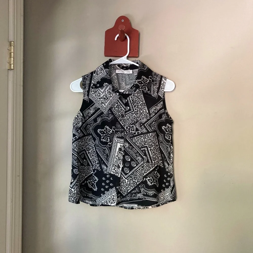 Vintage Giorgio Fiozlini Black & White Bandana Print Collared Tank Top S - Picture 1 of 6